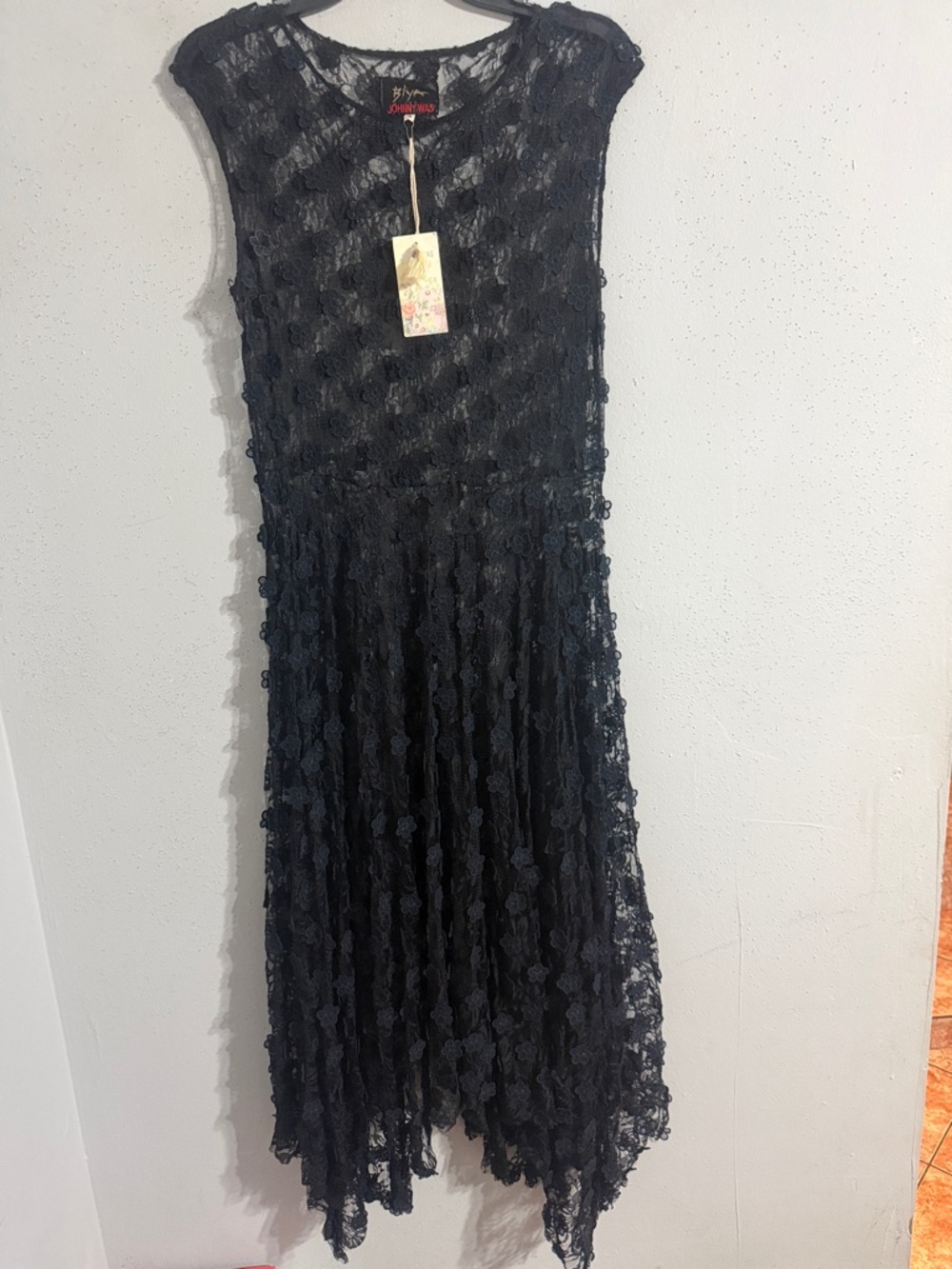 NWT Johnny Was Black Floral Lace Maxi Dress w petals complete